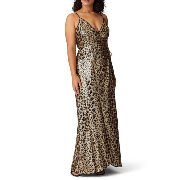 AIDAN BY AIDAN MATTOX Leopard Sequin Wrap Dress Size 0 Gold Black Sleeveless - Picture 1 of 15